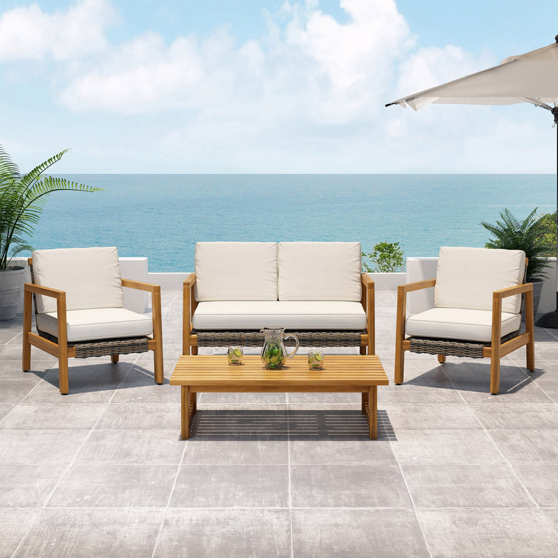 Outdoor 4 Seater Acacia Wood Chat Set with Wicker Accents - NH669213