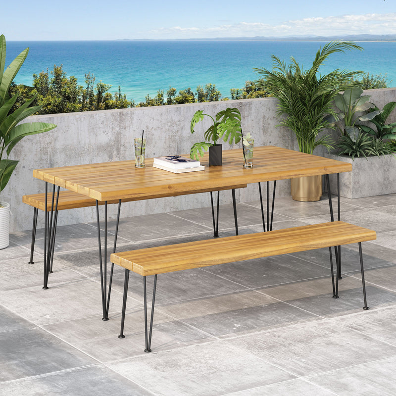 Outdoor Modern Industrial 3 Piece Acacia Wood Picnic Dining Set with Metal Hairpin Legs - NH977213
