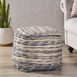 Boho Handcrafted Fabric Cube Pouf, Ivory, Gray, and Black - NH913413