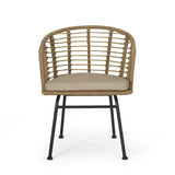Outdoor Wicker 7 Piece Dining Set, Light Brown, Matte Black, and Beige - NH000513