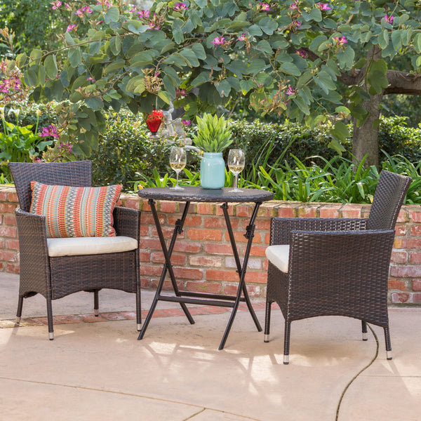 Outdoor 3 Pc brown Wicker Bistro Set w/Beige Water Resistant Cushion - NH472003