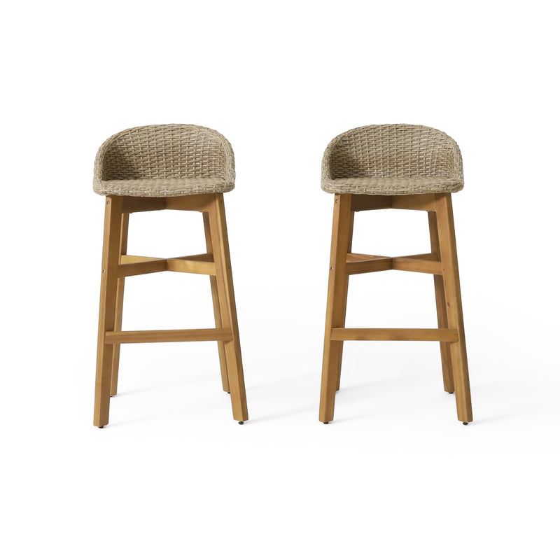 Beeson Outdoor Wicker and Acacia Wood 30 Inch Barstools, Set of 2, Light Multibrown and Teak