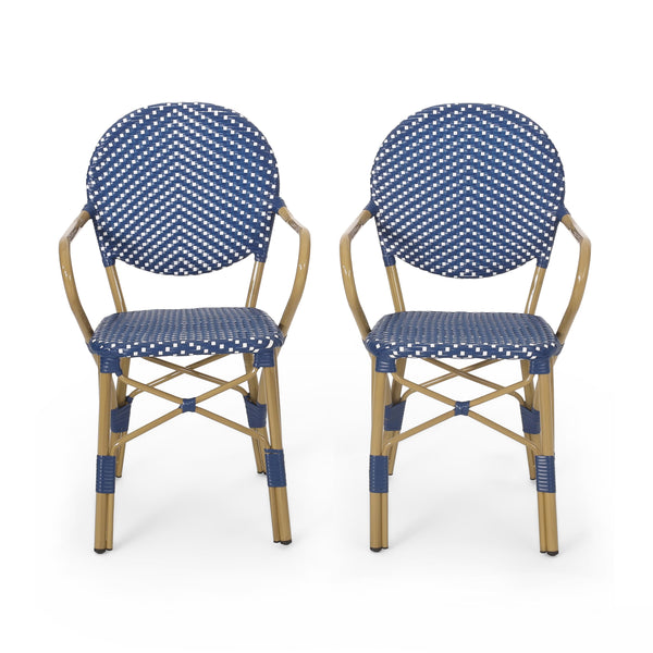 Outdoor Aluminum French Bistro Chairs, Set of 2, Dark Teal, White, and Bamboo Finish - NH144413