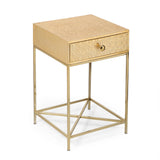 Boho Handcrafted Moroccan Mesh Aluminum Nightstand with Drawer, Brass - NH090513