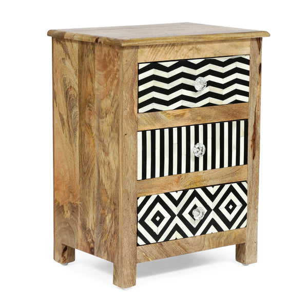 Handcrafted Boho 3 Drawer Mango Wood Nightstand - NH546313