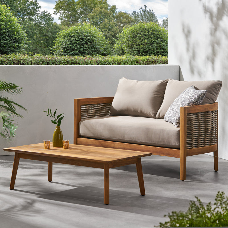 The Crowne Collection Outdoor Acacia Wood and Wicker Loveseat and Coffee Table Set with Sunbrella Cushions