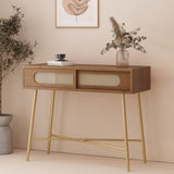 Rustic Glam Console Table with Wicker Accents, Walnut, Natural, and Antique Gold - NH192513