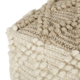 Boho Handcrafted Fabric Cube Pouf, Ivory and Beige - NH304413