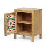 Boho Handcrafted Mango Wood Nightstand with Wool Accents, Natural and Multi-Colored - NH269413