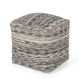 Boho Handcrafted Fabric Cube Pouf, Ivory, Gray, and Black - NH913413