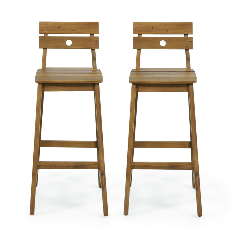 Outdoor/Indoor Acacia Wood Backed Barstools, Set of 2, Teak - NH973513