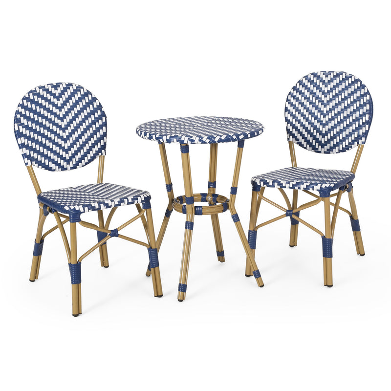 Outdoor Aluminum French Bistro Set, Navy Blue, White, and Bamboo Finish - NH254413