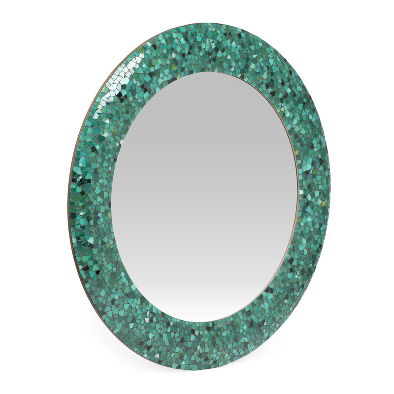 Boho Handcrafted Round Mosaic Wall Mirror, Green - NH184413