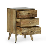 Boho Handcrafted Mango Wood 3 Drawer Nightstand, Natural - NH865413