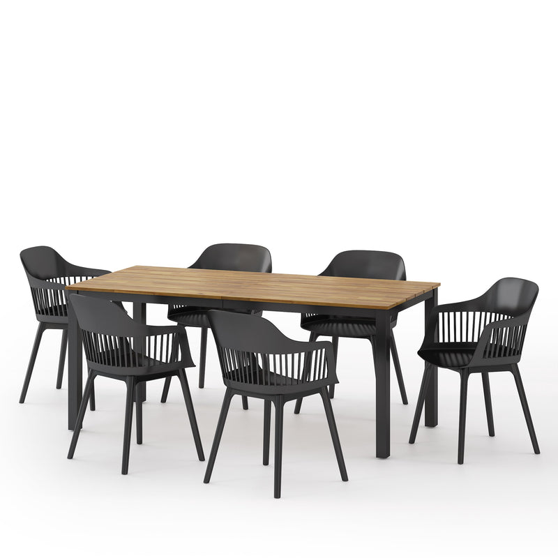 Outdoor Wood and Resin 7 Piece Dining Set, Black and Teak - NH150513