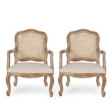 French Country Wood and Cane Upholstered Dining Armchair - NH542513