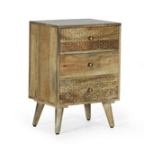 Boho Handcrafted Mango Wood 3 Drawer Nightstand, Natural - NH865413