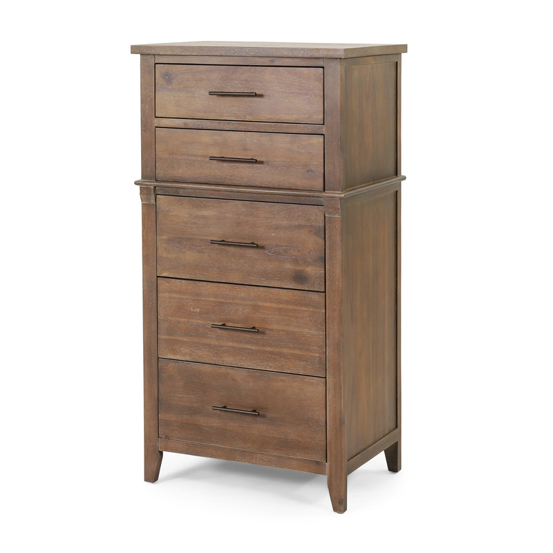 OkiOki Coastal Acacia Wood 5 Drawer Dresser, Light Brown Glaze