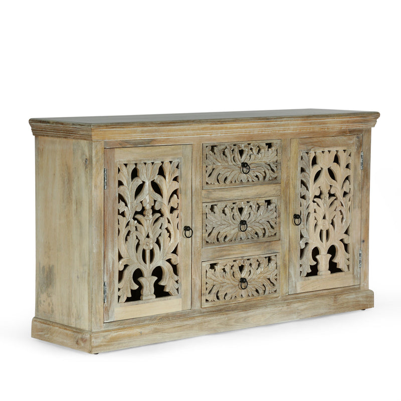 Boho Handcrafted Mango Wood 3 Drawer Sideboard, Antique White - NH907413