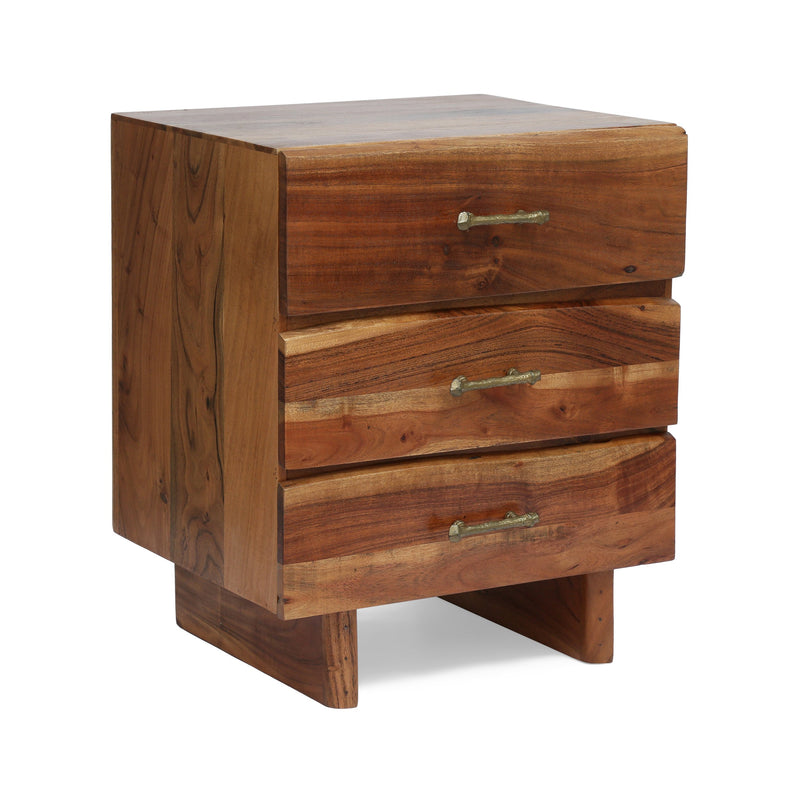 Handcrafted Boho Acacia Wood 3 Drawer Nightstand - NH589313