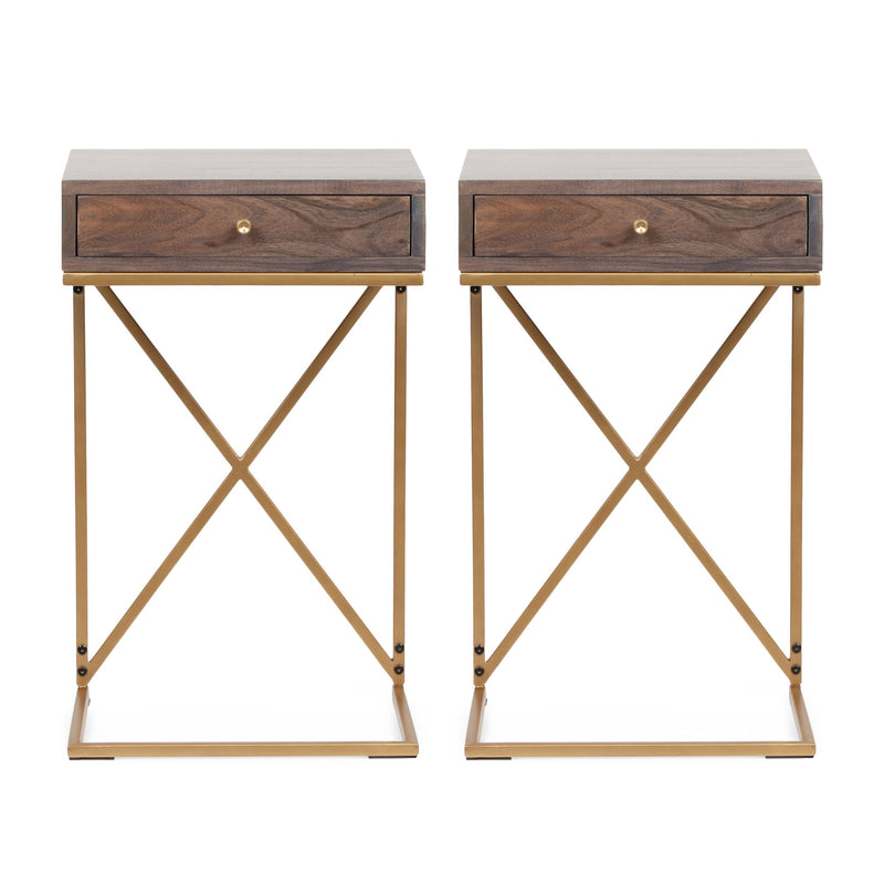 Rustic Glam Handcrafted Acacia Wood C-Shaped Side Tables, Set of 2, Dark Brown and Gold - NH124413