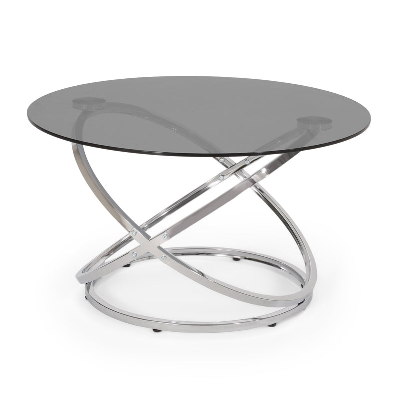 Modern Glass Top Round Coffee Table, Gray and Chrome - NH026413